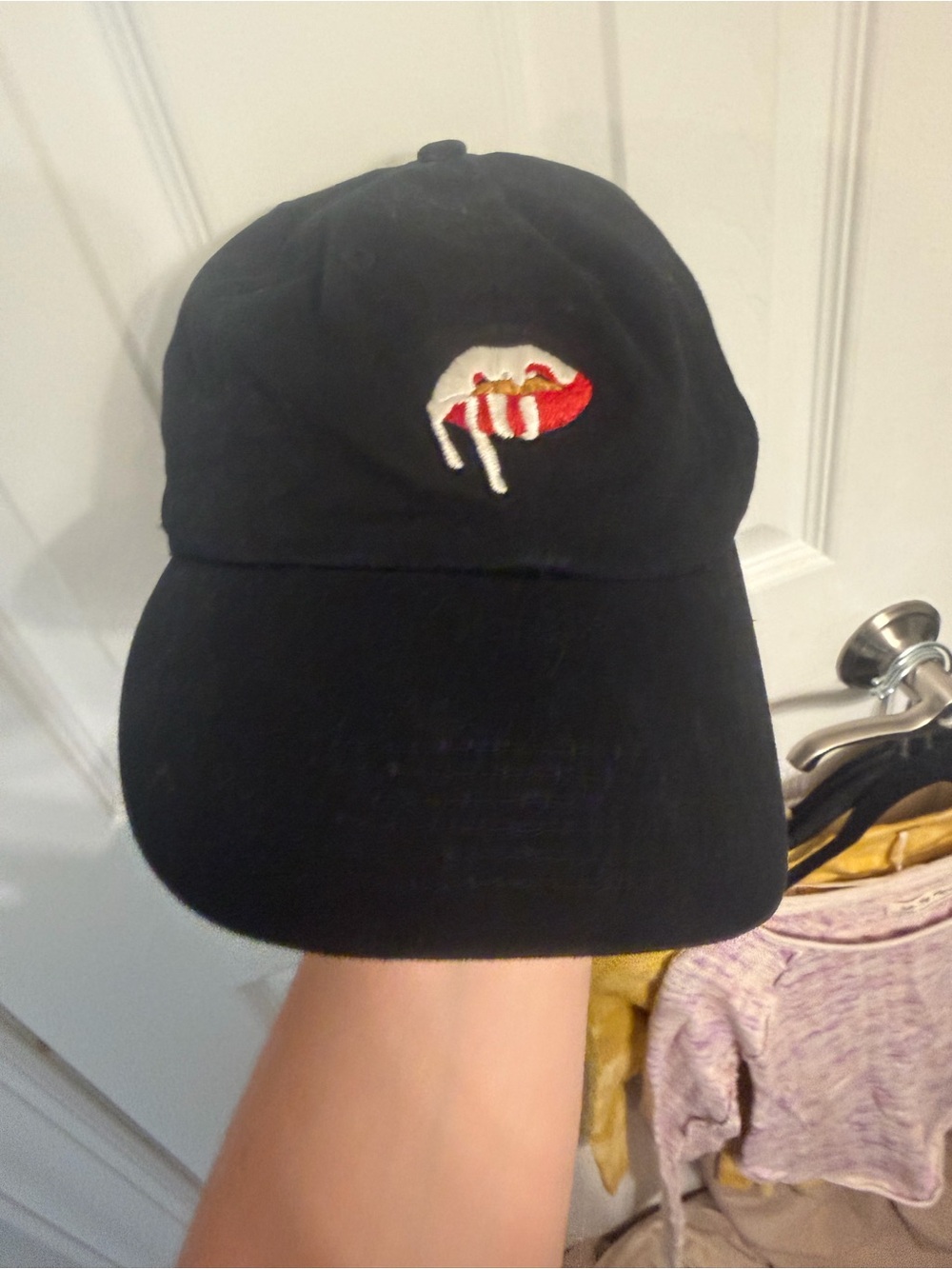 Black Baseball Cap with Red & White Embroidered Lip Detail